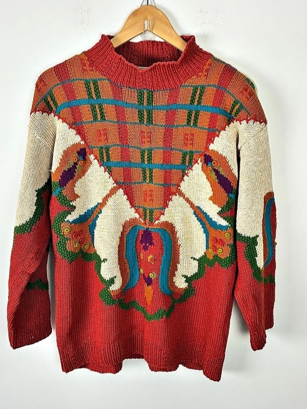Jennifer Reed Concepts Hand-Knit Red Patterned Sweater Grandpa Fall Folk S